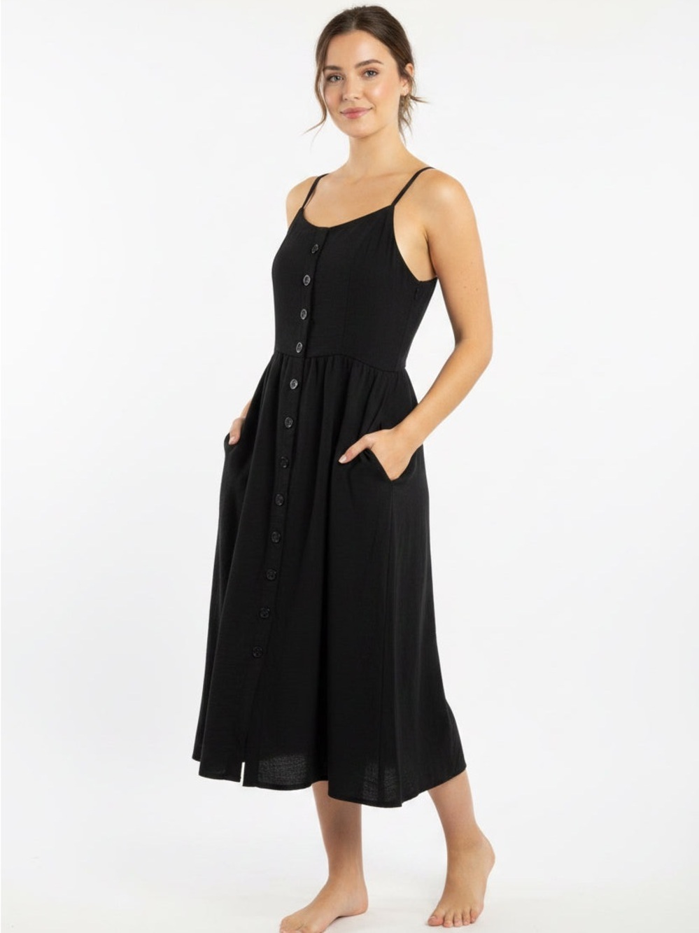 Button-Front Black Midi Dress with Spaghetti Straps